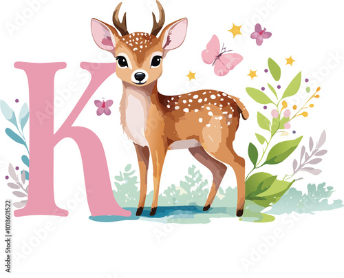 K alphabet Letter Deer with flowers and butterflies Reindeer Christmas 