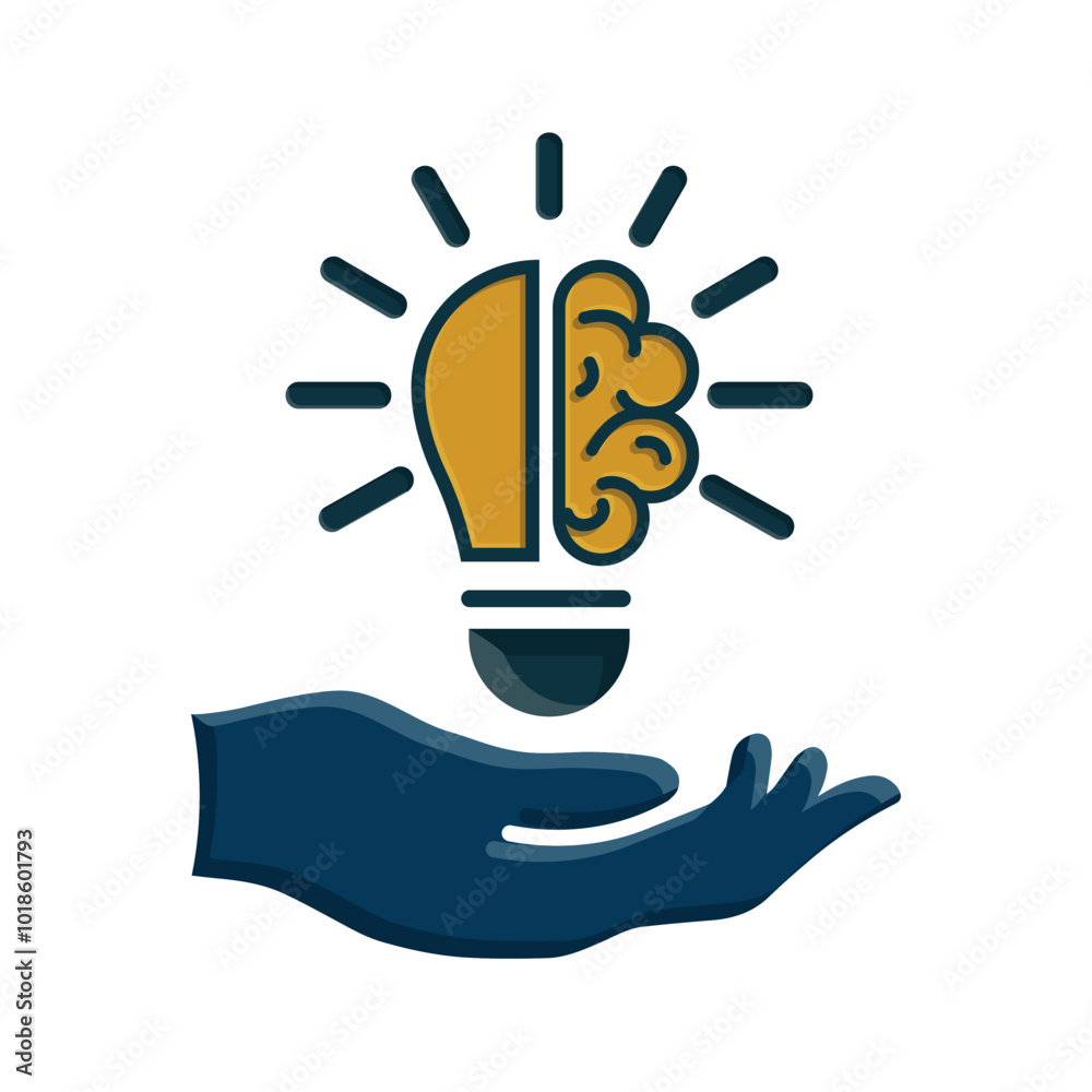 Fototapeta premium Icon idea. Brain in light bulb illustration over hand. flat design style. Thin sign of innovation, solution, education logo. vector design