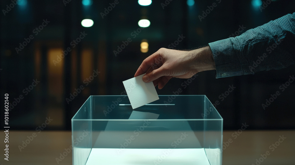 Casting vote in transparent ballot box symbolizes civic duty and participation in democracy. hand places ballot, reflecting importance of each individuals voice in electoral process Casting vote in transparent ballot box symbolizes civic duty and participation in democracy. hand places ballot, reflecting importance of each individuals voice in electoral process