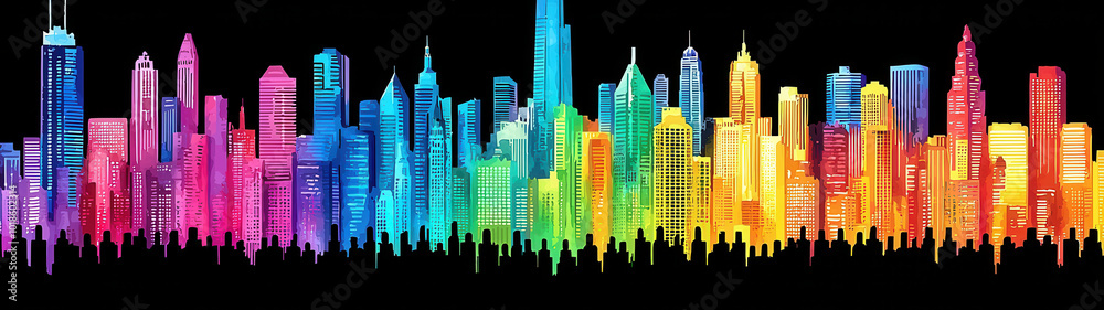 Naklejka premium A dynamic city skyline, illuminated in vibrant neon watercolors that bleed across the canvas, creating a striking contrast against the deep black background, in an urban landscape