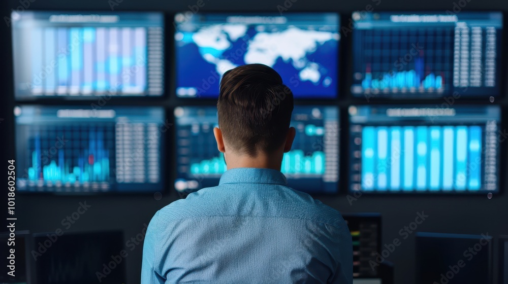 Man analyzing data on multiple digital screens Man analyzing data on multiple digital screens