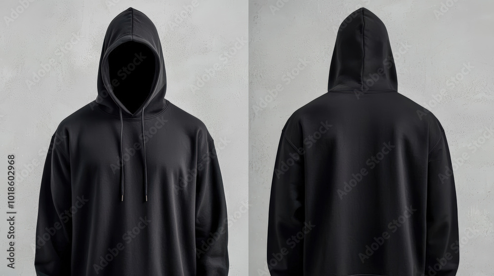 black hoodie with hood, featuring minimalist design and no visible branding. garment is displayed from both front and back, showcasing its sleek silhouette and modern style black hoodie with hood, featuring minimalist design and no visible branding. garment is displayed from both front and back, showcasing its sleek silhouette and modern style