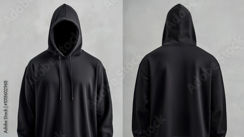 black hoodie with hood, featuring minimalist design and no visible branding. garment is displayed from both front and back, showcasing its sleek silhouette and modern style