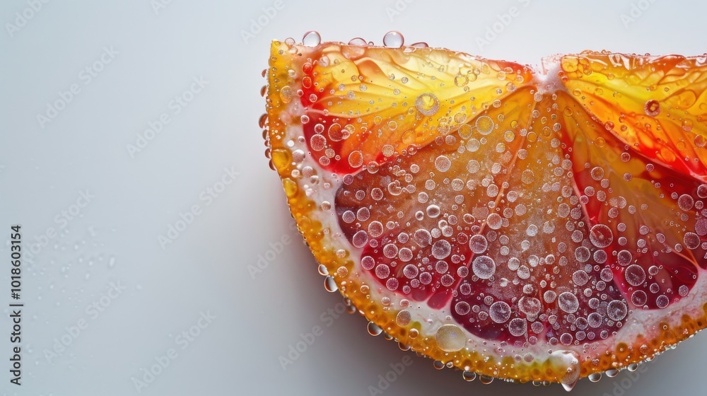 Minimalist view of a translucent acerola slice, simple white background, beads of moisture, frosted glass effect, vibrant and detailed, macro photography. Minimalist view of a translucent acerola slice, simple white background, beads of moisture, frosted glass effect, vibrant and detailed, macro photography.