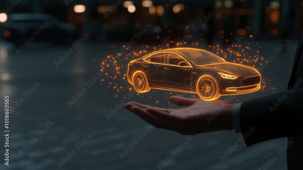 Obraz premium person holds glowing holographic car above their palm, showcasing advanced technology and innovation in modern urban setting. scene conveys sense of futuristic design and creativity