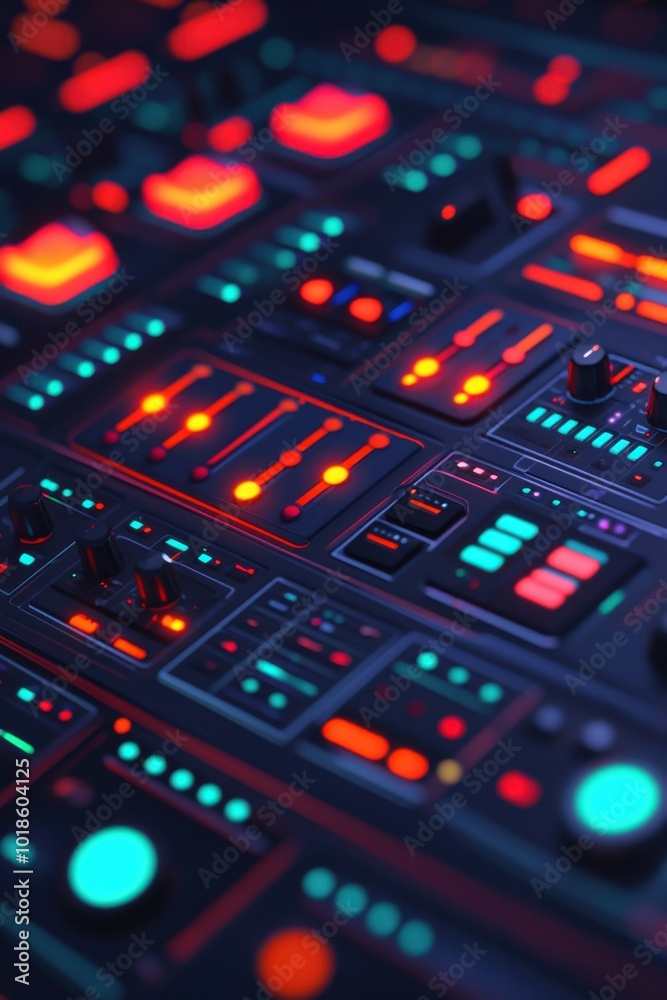 Close-up of a modern control panel with colorful buttons and glowing lights. Close-up of a modern control panel with colorful buttons and glowing lights.