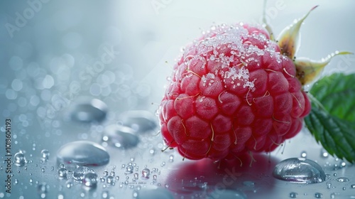 Minimalist view of a whole raspberry, simple white background, tiny water drops, frosted glass blur, vivid and detailed, macro shot.