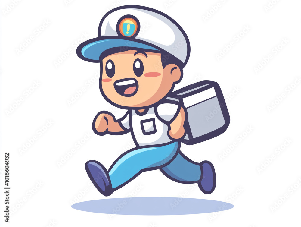 A cute cartoon delivery person running. Simple lines and isolated on a white background. 