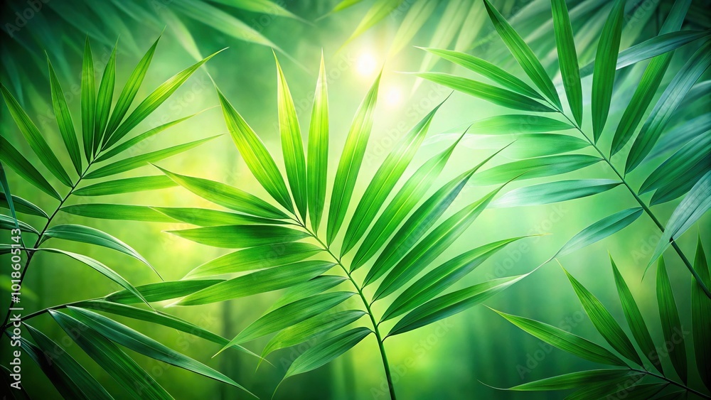 Obraz premium Asymmetrical ethereal x ray macro photograph of bamboo palm leaves in a lush green gradient
