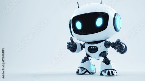 Adorable cartoon robot gesturing toward a blank area, ideal for adding text or designs in a futuristic theme.