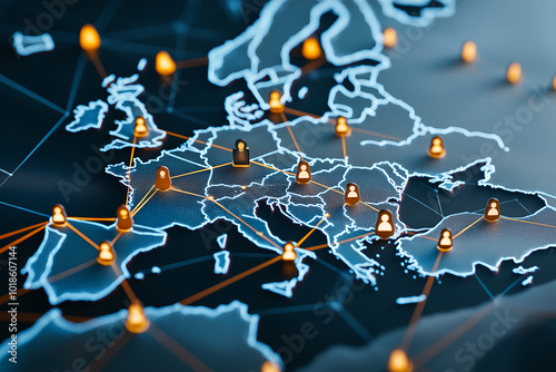 digital map of Europe showcasing glowing connections and network nodes, symbolizing global communication and data exchange. vibrant design evokes sense of connectivity and technological advancement