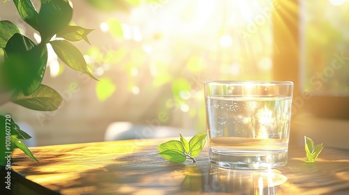 A sparkling glass of water on a cafa table, surrounded by natural elements like plants and sunlight streaming through. photo