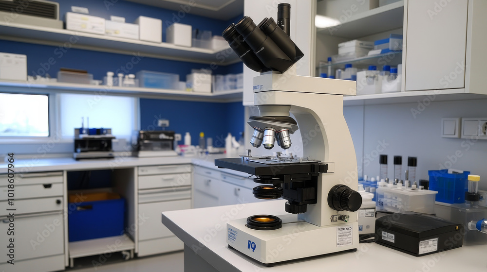 A powerful microscope used for research in a lab that works with tiny materials. A powerful microscope used for research in a lab that works with tiny materials.