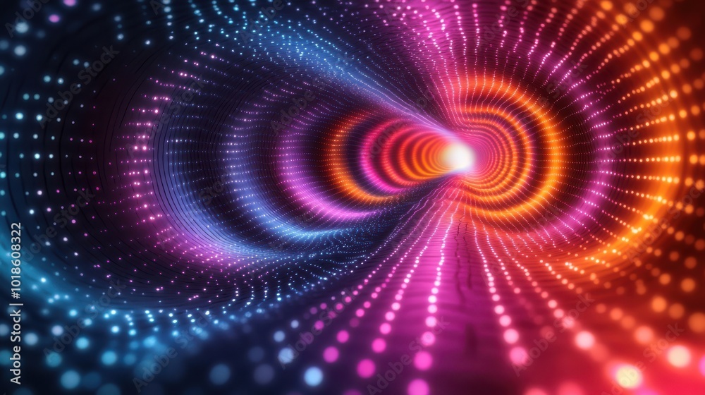 Abstract Neon Lights Tunnel with Glowing Dots and Stripes in Blue, Pink, Orange, and Yellow Colors