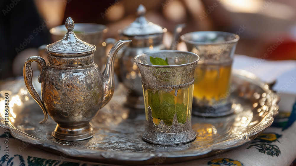 A Berber tea ceremony, with ornate silver teapots and glasses filled with mint tea, served on a beautiful tray A Berber tea ceremony, with ornate silver teapots and glasses filled with mint tea, served on a beautiful tray