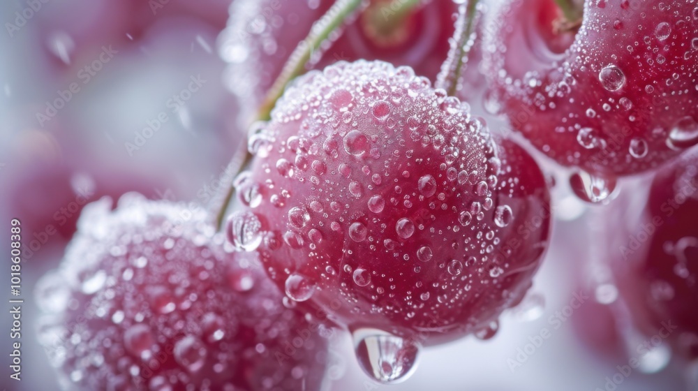 X-ray close-up of a cherry, simple white background, beads of water, frosted glass effect, delicate and striking, macro focus. X-ray close-up of a cherry, simple white background, beads of water, frosted glass effect, delicate and striking, macro focus.