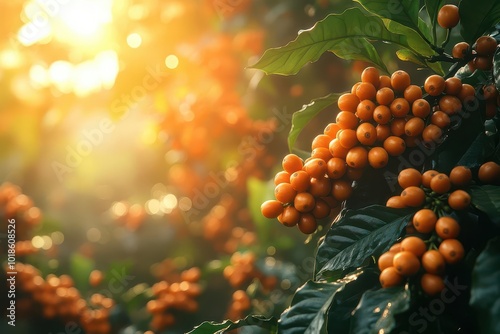 lush coffee fruit trees brimming with plump ripe berries nestled within a sundappled forest evoking a sense of abundance and natural beauty photo