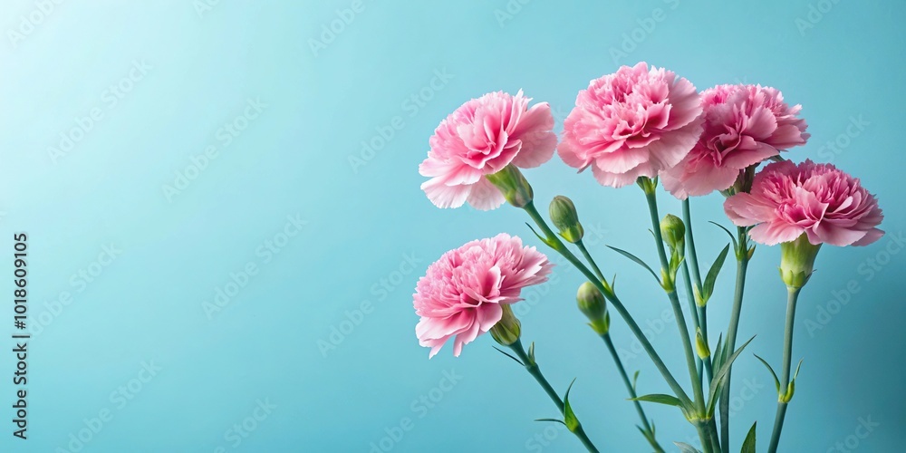 Fototapeta premium Asymmetrical pink carnations on a soft blue background in minimal style