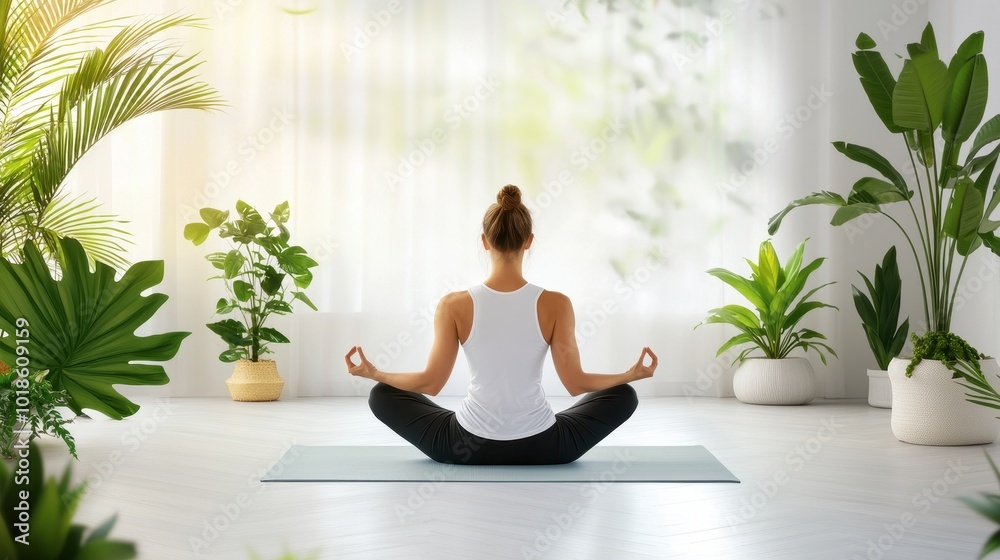 A woman meditating on a yoga mat in a peaceful room, surrounded by plants, focusing on mental wellness, mindfulness, and balance. A woman meditating on a yoga mat in a peaceful room, surrounded by plants, focusing on mental wellness, mindfulness, and balance.