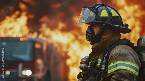 Flames engulf the background as a firefighter prepares for action, wearing full protective gear in an intense emergency scene. photo