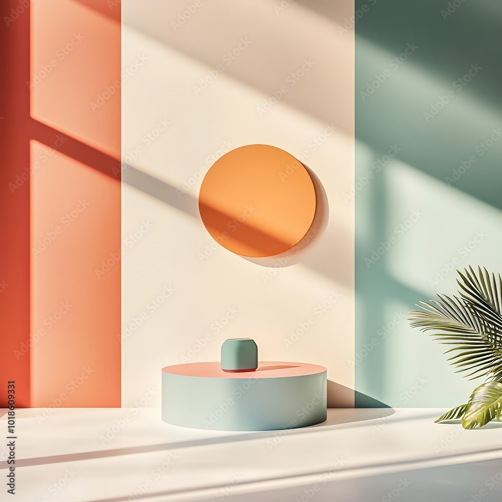Luminous and modern studio ambiance showcasing diverse color tones bare floor and wall a product plinth shadows extending from the window aperture Luminous and modern studio ambiance showcasing diverse color tones bare floor and wall a product plinth shadows extending from the window aperture