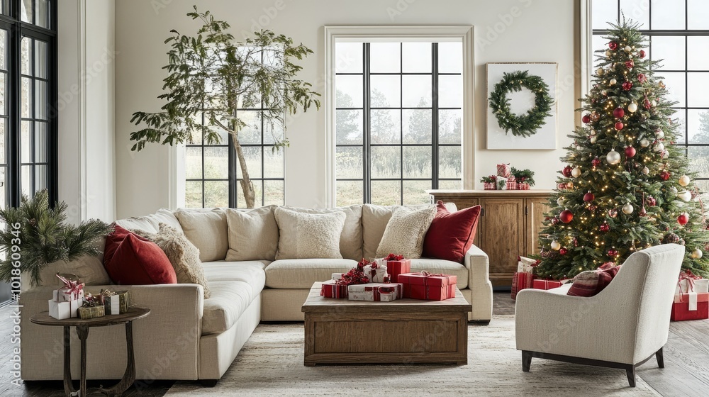 Elegant and cozy Christmas living room featuring a modular sofa, boucle armchair, wooden console, festive decorations, and a beautifully decorated tree with gifts beneath. Elegant and cozy Christmas living room featuring a modular sofa, boucle armchair, wooden console, festive decorations, and a beautifully decorated tree with gifts beneath.