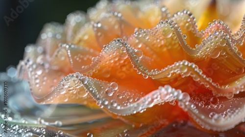 X-ray close-up of a translucent hassaku fruit slice, gentle apricot backdrop, water drops, frosted glass effect, fresh and intricate composition. photo