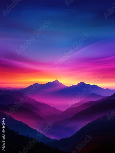 Silhouetted mountain peaks layered against a colorful twilight sky, creating a dramatic and aweinspiring nature landscape