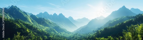 Wide panoramic view of a majestic mountain range with sharp peaks and lush valleys, clear blue sky above Crisp detail, natural light, serene and expansive landscape