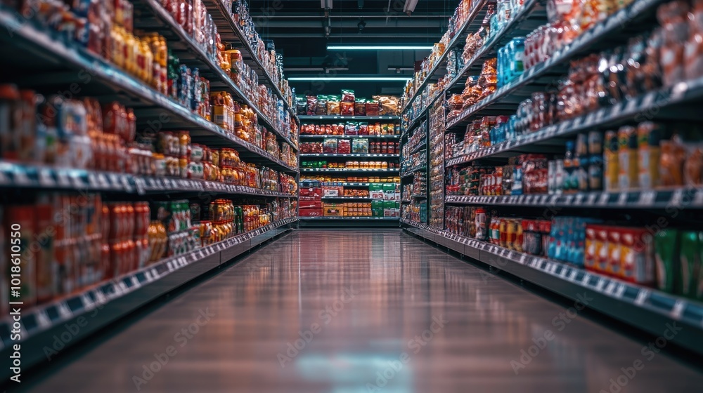 Rows of canned goods, snacks, and drinks arranged in an orderly fashion on brightly lit supermarket shelves. Rows of canned goods, snacks, and drinks arranged in an orderly fashion on brightly lit supermarket shelves.