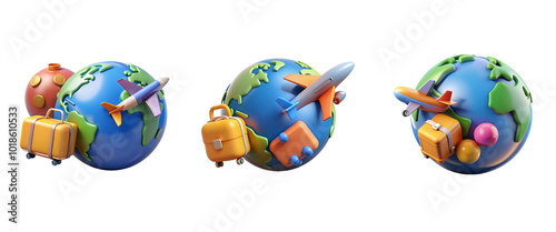 3D Travel Globe with Airplane and Luggage, Vacation Concept Isolated on Transparent Background 