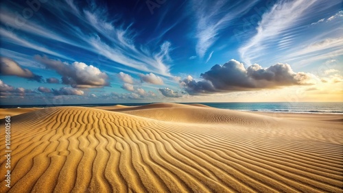 Asymmetrical sand texture surface of sea sand natural background with waves, seascape dunes, and copy space