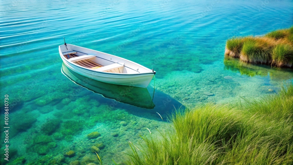 Asymmetrical serene scene of a white rowboat floating in clear turquoise waters near grassy shoreline Asymmetrical serene scene of a white rowboat floating in clear turquoise waters near grassy shoreline