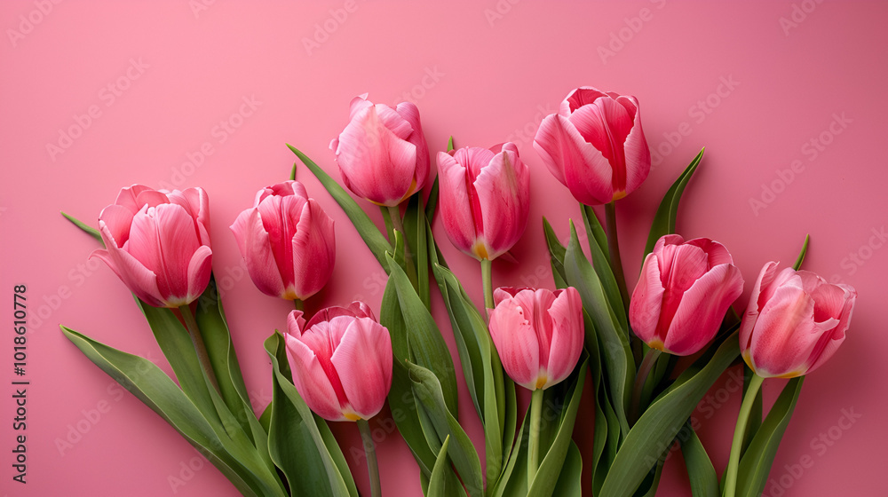 Obraz premium Beautiful arrangement of pink springtime flowers on a pink backdrop