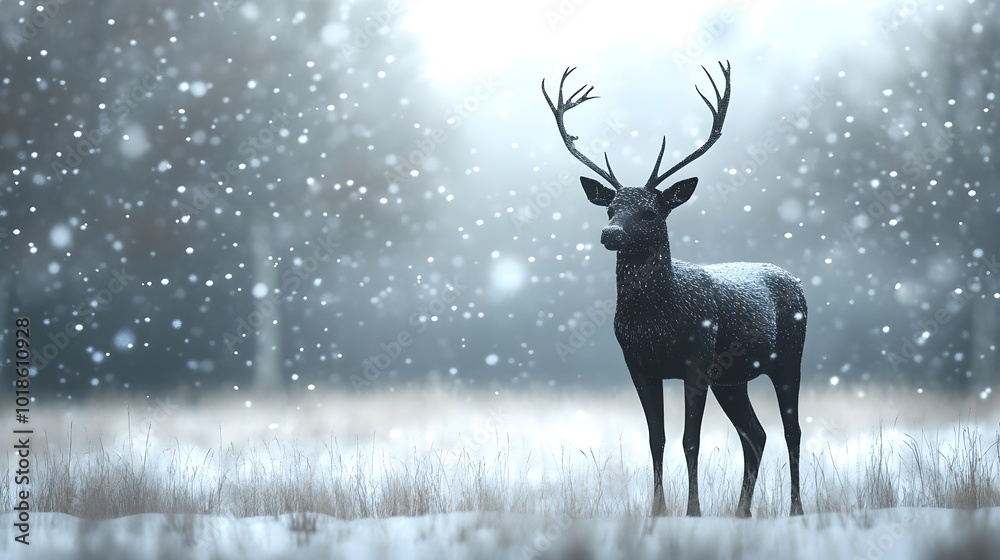 Black Reindeer Silhouette in Snowy Landscape Black Reindeer Silhouette in Snowy Landscape