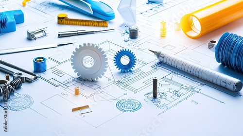 Detailed mechanical blueprint showing gears and components, surrounded by engineering tools, symbolizing precision and design