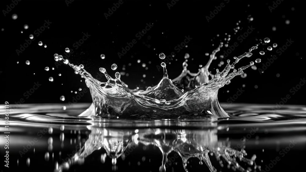 Asymmetrical splashes from the surface of black water black and white Asymmetrical splashes from the surface of black water black and white