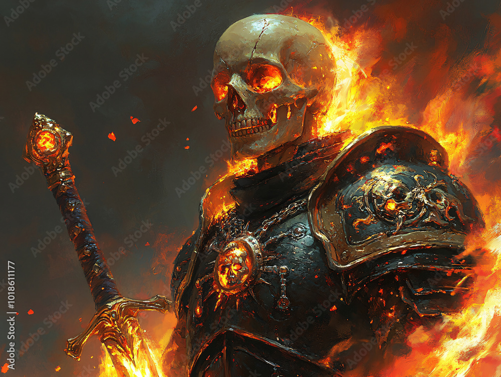 a skull-headed character wielding a flaming torch, set against a fiery background. a skull-headed character wielding a flaming torch, set against a fiery background.