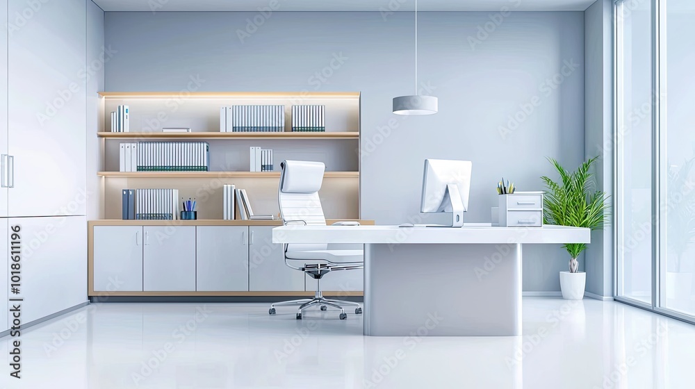 Empty doctor's office with modern furniture, a bookshelf with medical textbooks, and a computer on the desk for patient records. Empty doctor's office with modern furniture, a bookshelf with medical textbooks, and a computer on the desk for patient records.