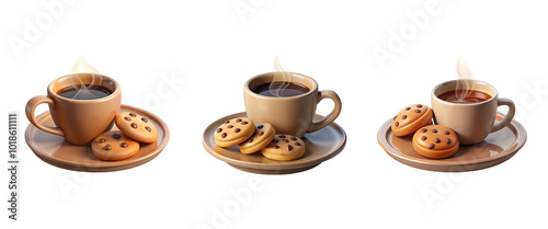 3D Set of Tea Or Coffee with Cookies, Isolated on Transparent Background