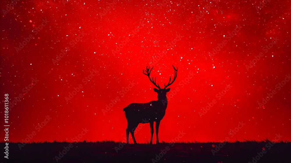 Black Reindeer Silhouette Against Red Snowy Background Black Reindeer Silhouette Against Red Snowy Background