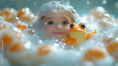 Child playing in bubbly bath with a toy frog and orange balls. photo