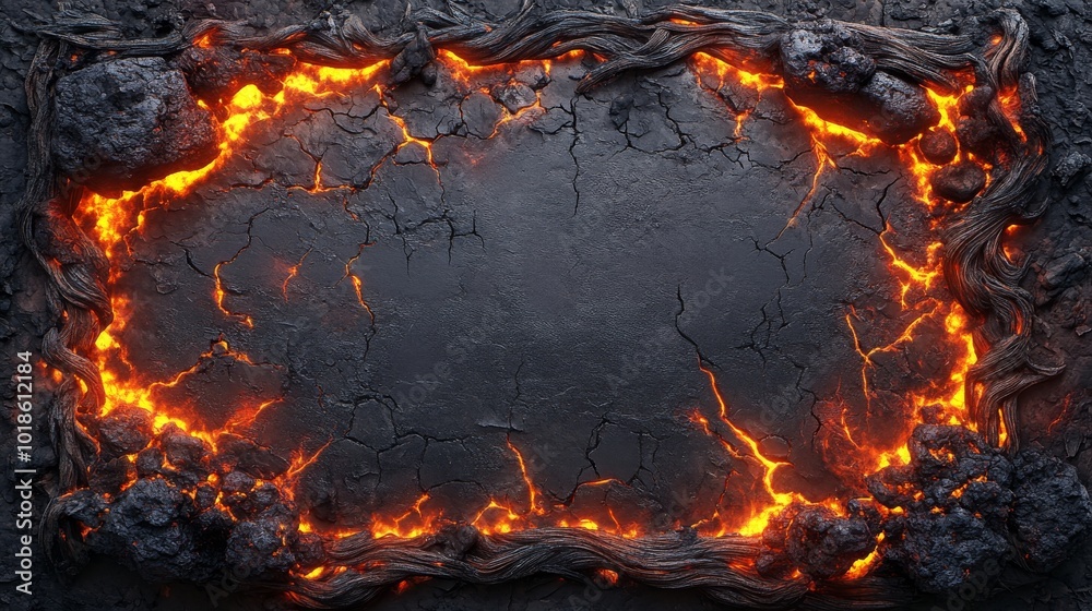 Molten Lava Frame Surrounding Cracked and Weathered Rock Molten Lava Frame Surrounding Cracked and Weathered Rock