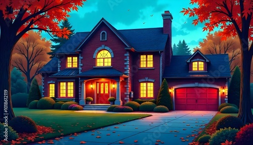 A large two-story brick house at sunset with a well-manicured lawn, lush green flower beds, and a paved driveway leading to a brick garage. The house features a prominent arched entryway, multiple gab