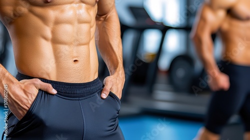 A close-up of a fit man's torso showcases defined abs in a gym setting, ideal for fitness, health, and exercise-related content, This image can enhance articles, blogs