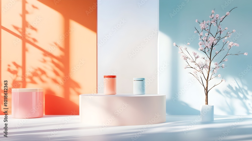 Chromatic 3D studio setting featuring a minimalist product display on a clear floor and wall with a spotlit plinth A shadow gradient cascades from the window drenching the tabletop in natural light Chromatic 3D studio setting featuring a minimalist product display on a clear floor and wall with a spotlit plinth A shadow gradient cascades from the window drenching the tabletop in natural light