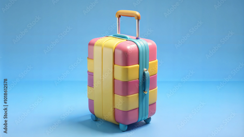 Yellow pink plastic suitcase on blue background, vacation, travel Yellow pink plastic suitcase on blue background, vacation, travel
