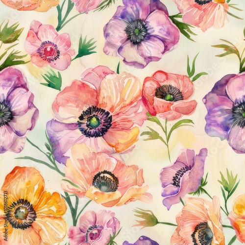 A pattern of pink and purple flowers on a white background