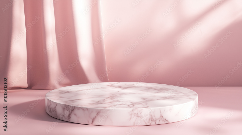 A 3D marble podium on a pink background for product display. A 3D marble podium on a pink background for product display.