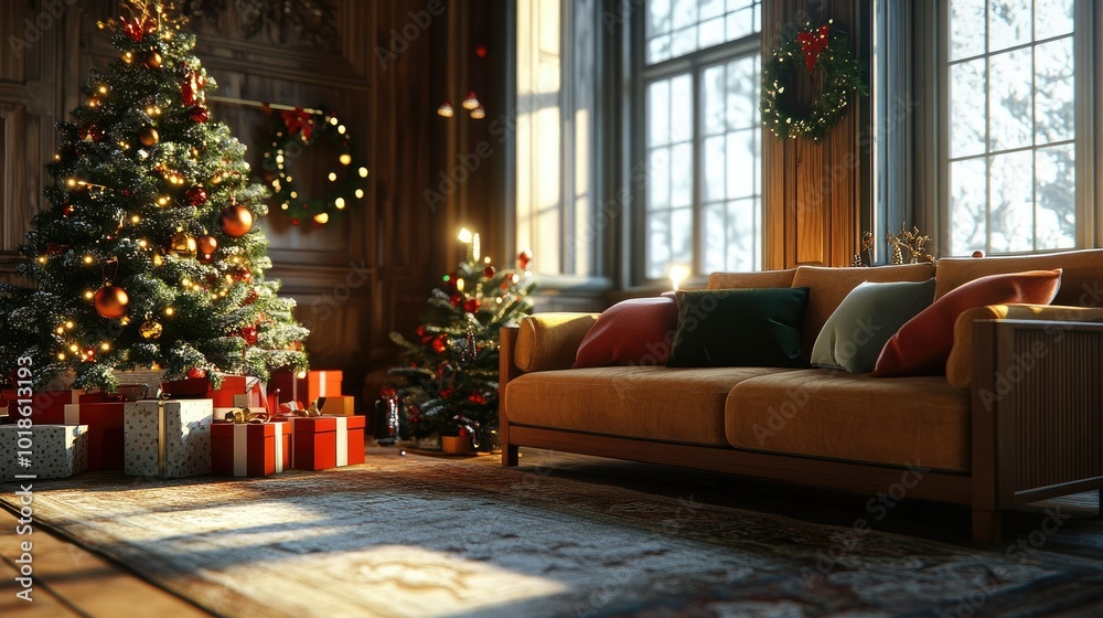 Warm and welcoming Christmas living room featuring a modular sofa, festive tree, wooden console, and holiday decorations. Gifts neatly wrapped under the tree. Warm and welcoming Christmas living room featuring a modular sofa, festive tree, wooden console, and holiday decorations. Gifts neatly wrapped under the tree.